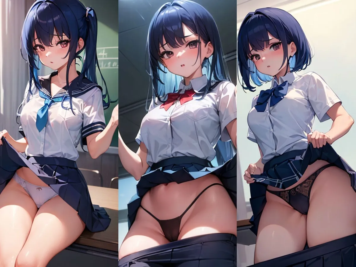 青髪JKがパンツとノーパンおまんこと中出しアクメを見せてくれた