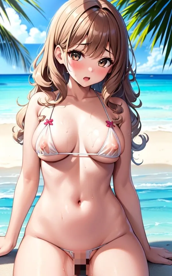 小麦肌の南国美女が透け透け水着